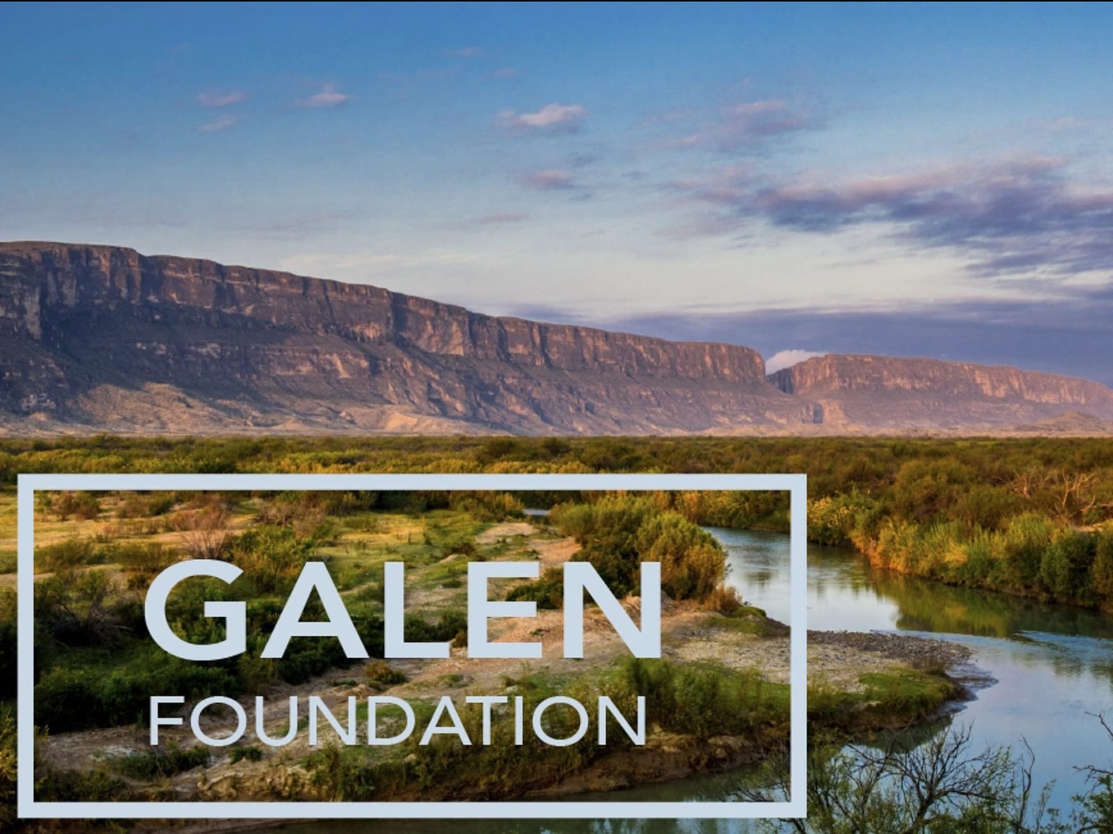 A river bending through green scrub beneath a long limestone escarpment at dusk, with the words Galen Foundation set in a pale box at the lower left