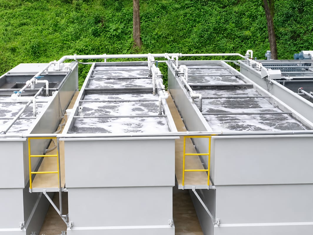 Steel aeration basins in a row, the water foaming at the surface, with walkways and pipework running between them