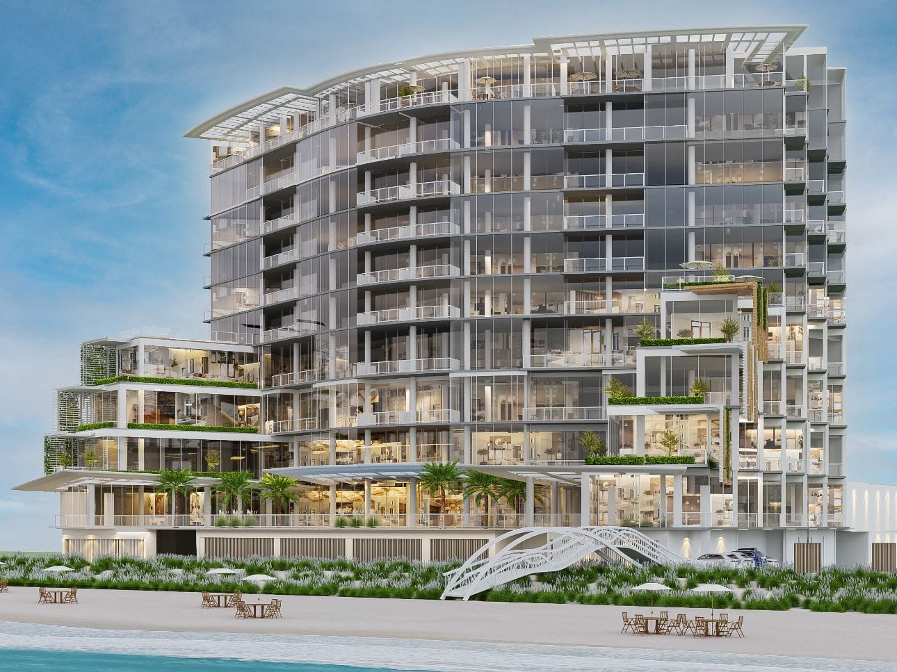 Architectural rendering of a curved multi-storey beachfront condominium tower with terraced balconies, seen from the sand